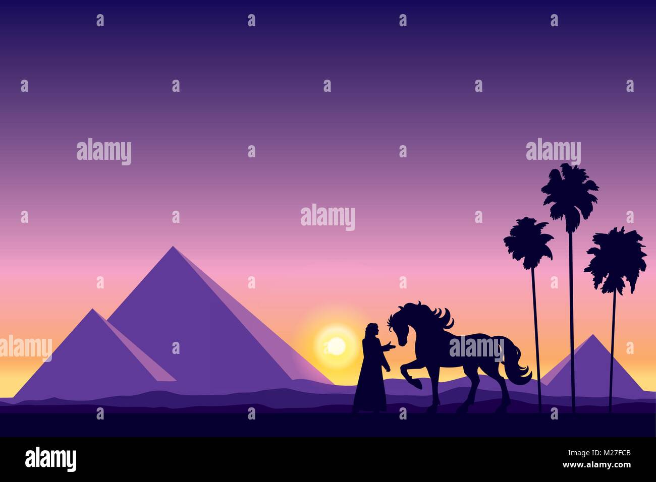 L'Egypte Pyramides avec silhouette de bédouins et cheval sur fond coucher vector illustration Illustration de Vecteur