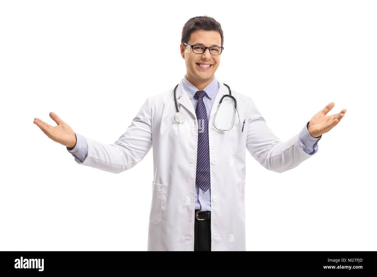 Médecin de faire un geste de bienvenue et souriant isolé sur fond blanc Banque D'Images