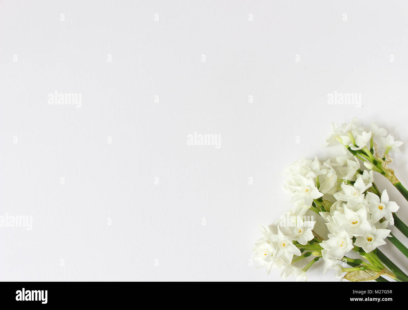 Style printemps stock photo. Concept de Pâques. Scène de bureau féminin  avec bouquet de fleurs, JONQUILLE Narcissus sur arrière-plan du tableau  blanc. L'espace vide. Mise à plat, vue du dessus Photo Stock -