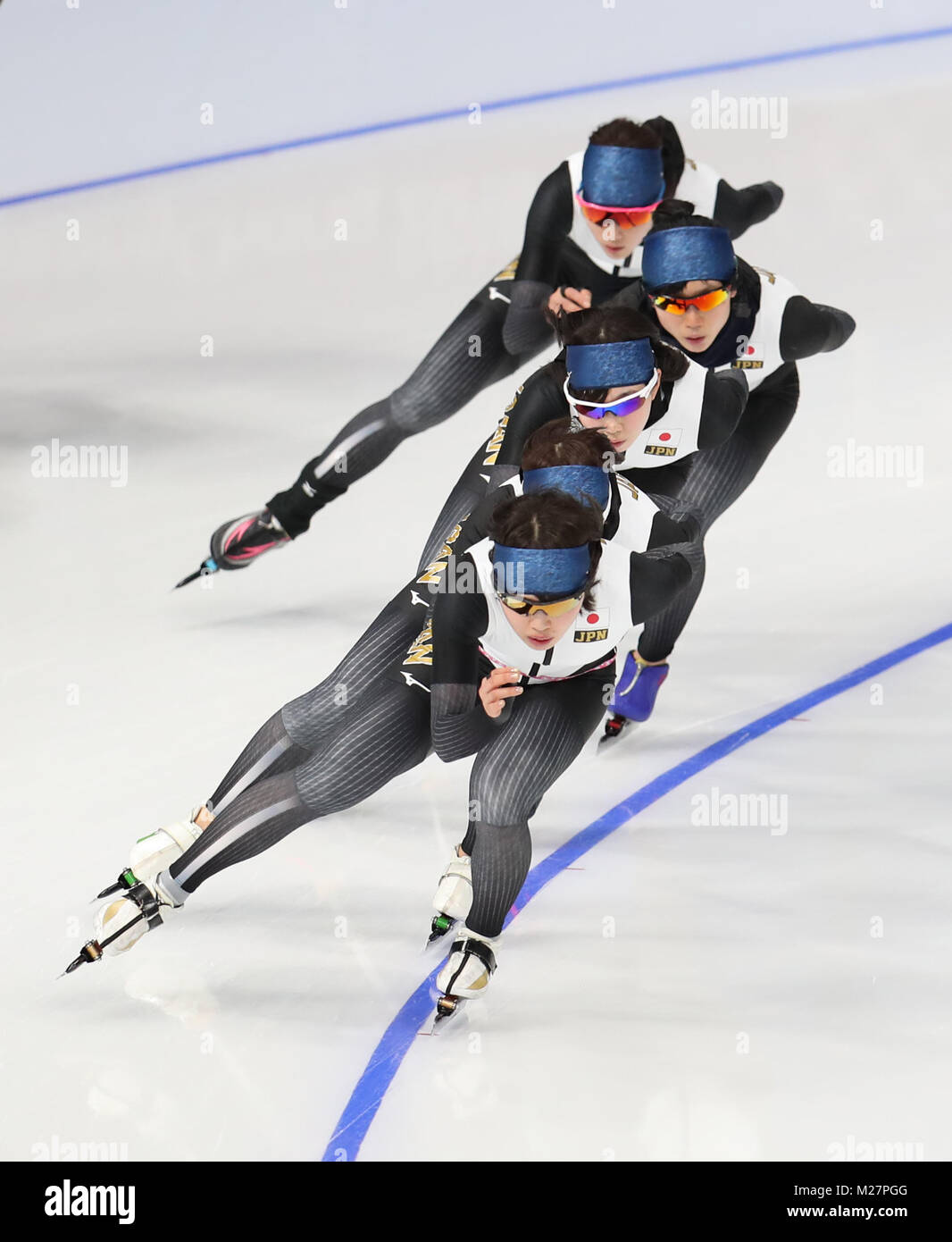 Les membres de l'équipe japonaise de patinage de vitesse s'entraînent lors d'une journée de prévisualisation à l'ovale Gangneung avant les Jeux Olympiques d'hiver de PyeongChang en Corée du Sud en 2018. APPUYEZ SUR ASSOCIATION photo. Date de la photo: Mardi 6 février 2018. Voir l'histoire de PA JEUX OLYMPIQUES d'hiver. Le crédit photo devrait se lire comme suit : Mike Egerton/PA Wire. Banque D'Images