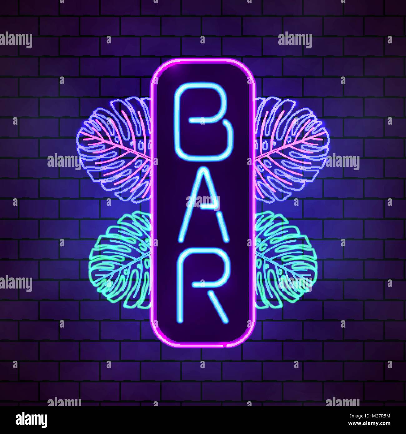 Néon lumineux bar tropical signe. Carte avec lampe à incandescence exotiques quitte Illustration de Vecteur