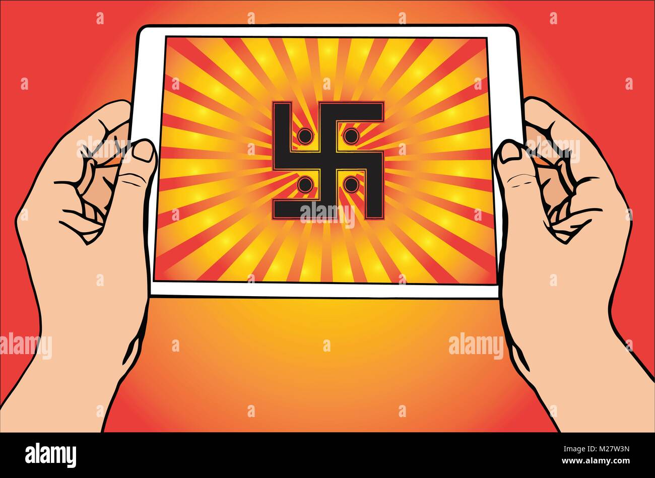 Mains tenant une tablette sur laquelle apparaît le symbole le plus important dans le Jaïnisme - Sun croix gammée. Rouge dégradé et fond d'or, bouton, vector Illustration de Vecteur