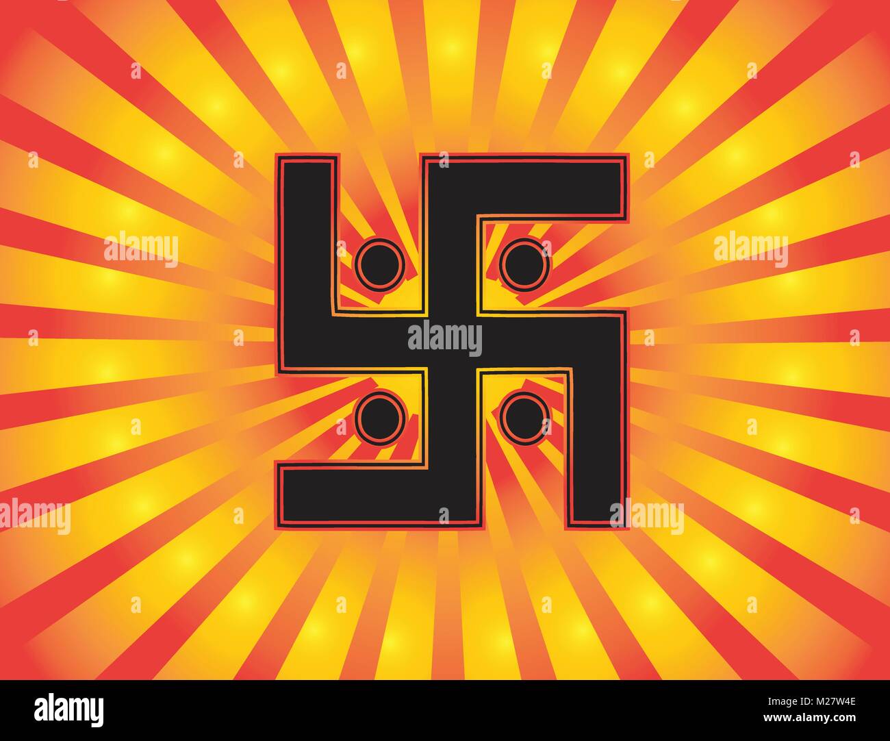 Le symbole le plus important dans la religion du jaïnisme - le soleil svastika. Fond d'or et rouge dégradé, rouge et or les rayons du soleil, un bouton, vector Illustration de Vecteur