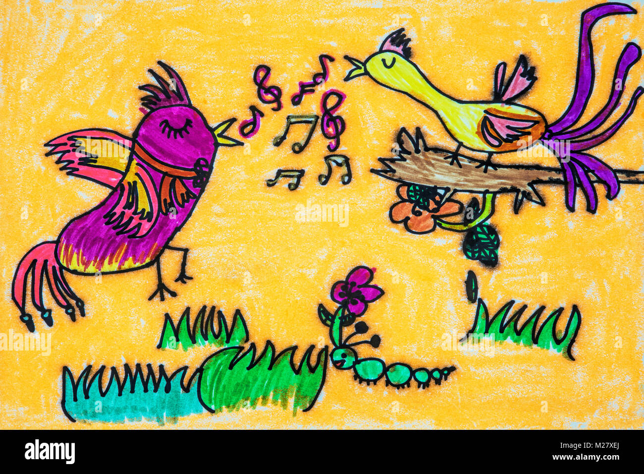 Childs aquarelle d'oiseaux Banque D'Images