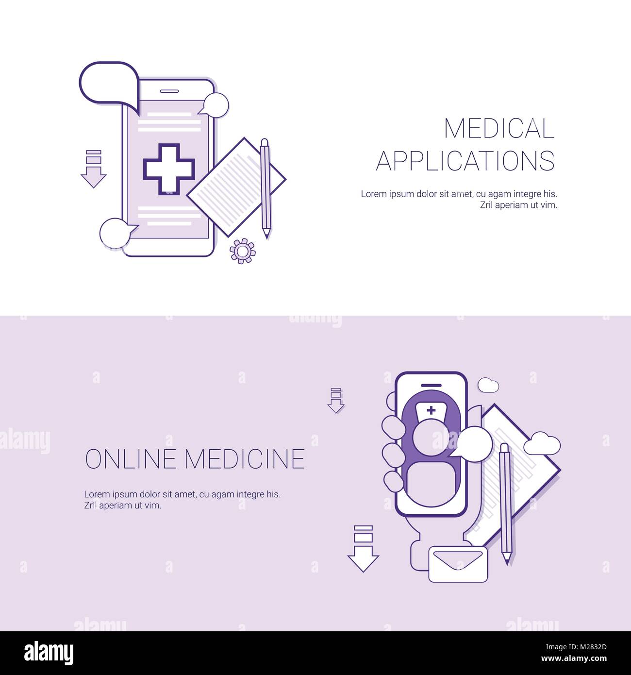Ensemble d'applications médicales et de la médecine en ligne Concept commercial bannières fond Modèle With Copy Space Illustration de Vecteur