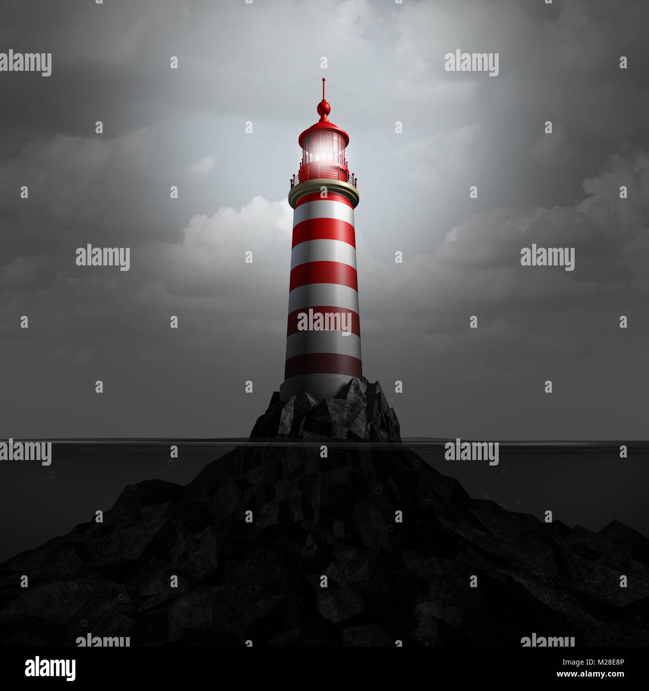 Tour de phare et balise lumineuse comme une métaphore pour l'orientation et les alertes pour éviter un danger en tant que 3D illustration. Banque D'Images