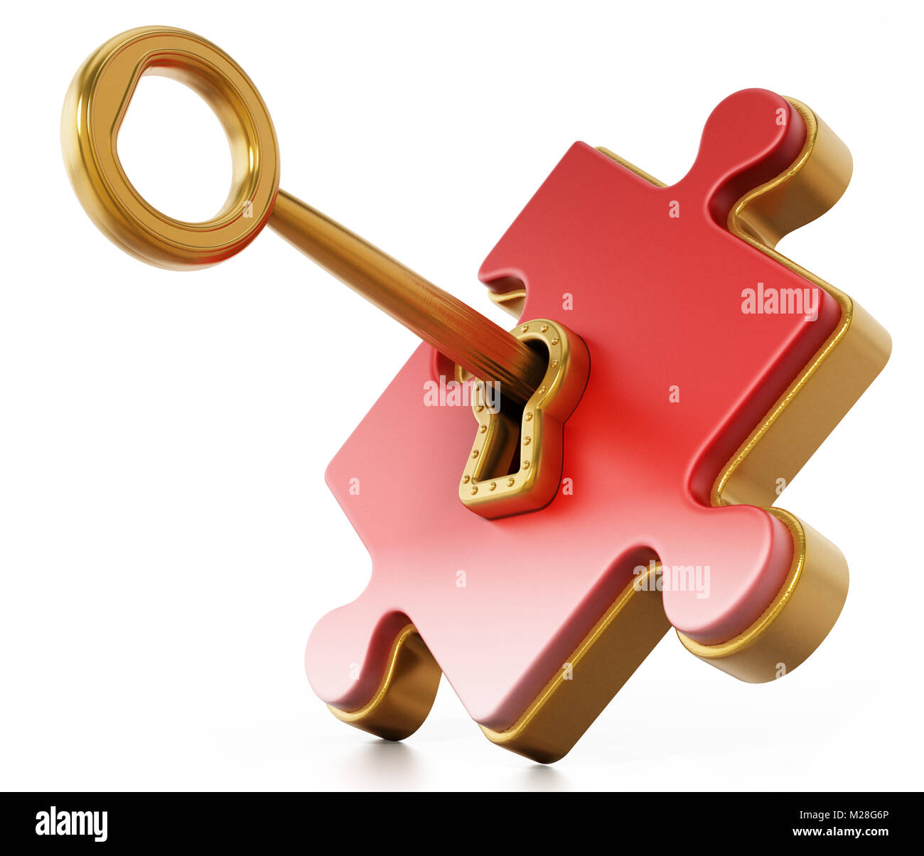 Clé d'or rouge de déverrouillage de pièce du puzzle. 3D illustration. Banque D'Images