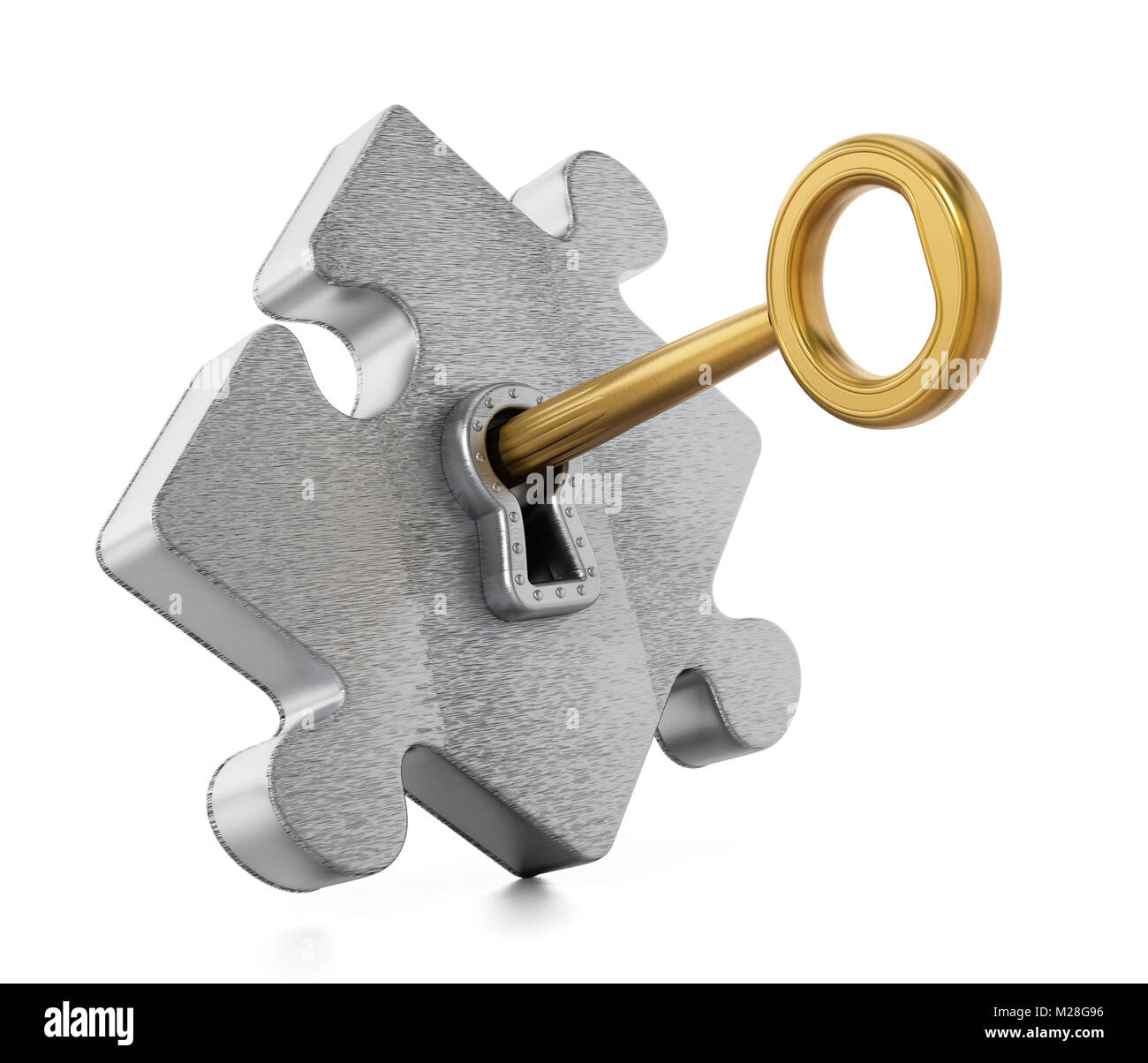 Clé d'or métallique de déverrouillage de pièce du puzzle. 3D illustration. Banque D'Images