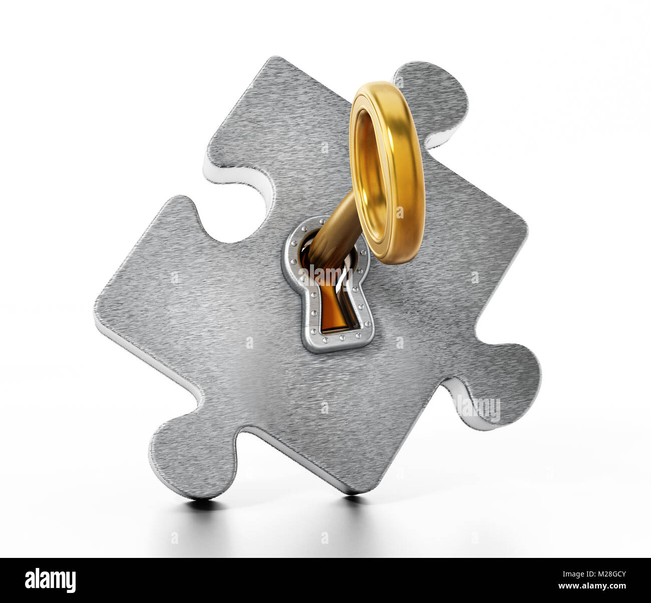 Clé d'or métallique de déverrouillage de pièce du puzzle. 3D illustration. Banque D'Images