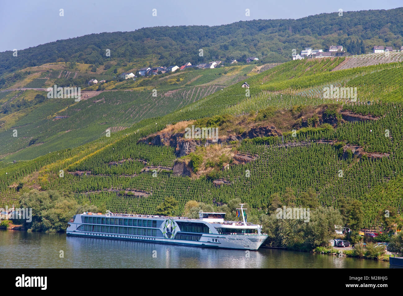 River cruise ship à Bernkastel-Kues, Moselle, Rhénanie-Palatinat, Allemagne, Europe Banque D'Images