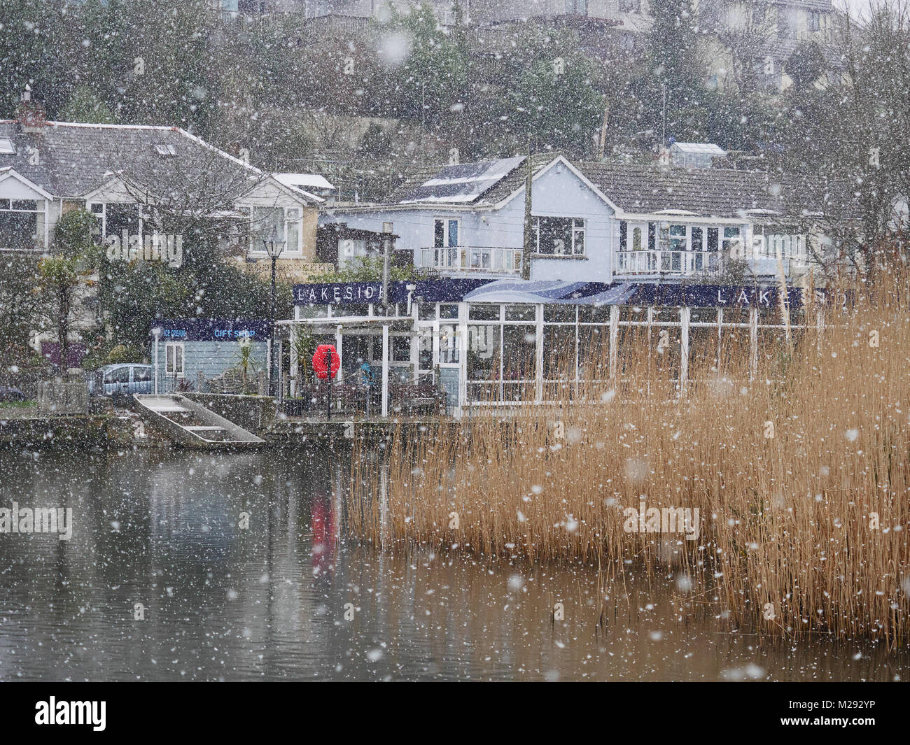 Newquay, Cornwall, UK. 6 Février, 2018. Exceptionnellement fortes chutes de neige sur la côte nord de Cornwall. Neige inhabituelle à Trenance Lake et de jardins. Credit : Nicholas Burningham/Alamy Live News Banque D'Images