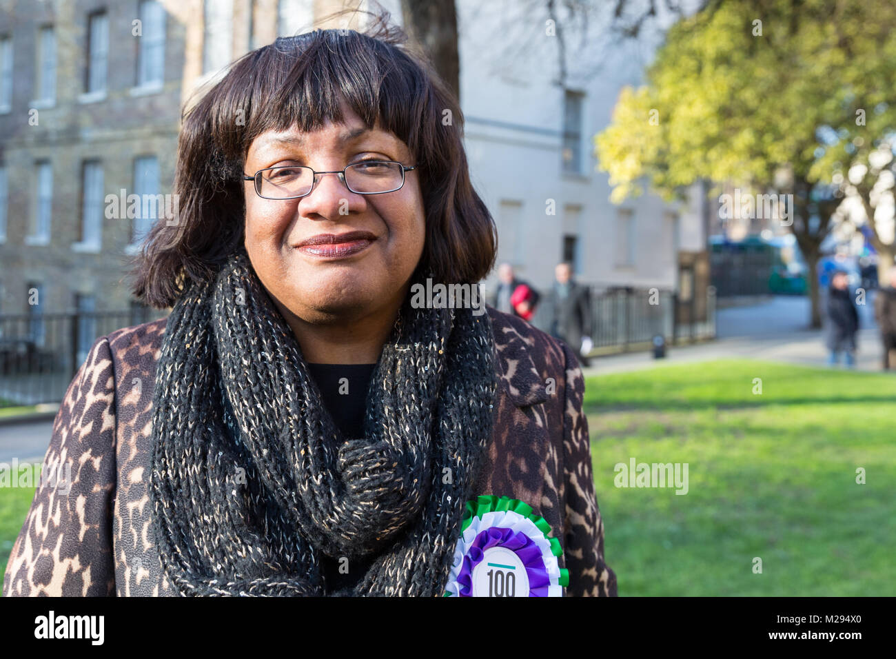 Westminster, London, UK. 6 Feb 2018. Diane Abbott. La main-d'députées et des pairs, y compris, Dame Margaret Beckett, Diane Abbott, Dame Margaret Hodge, Dawn Butler, Angela Eagle et beaucoup d'autres célèbrent le centenaire du vote des femmes et 100 ans de femmes ont voté devant les Maisons du Parlement. Credit : Imageplotter News et Sports/Alamy Live News Banque D'Images