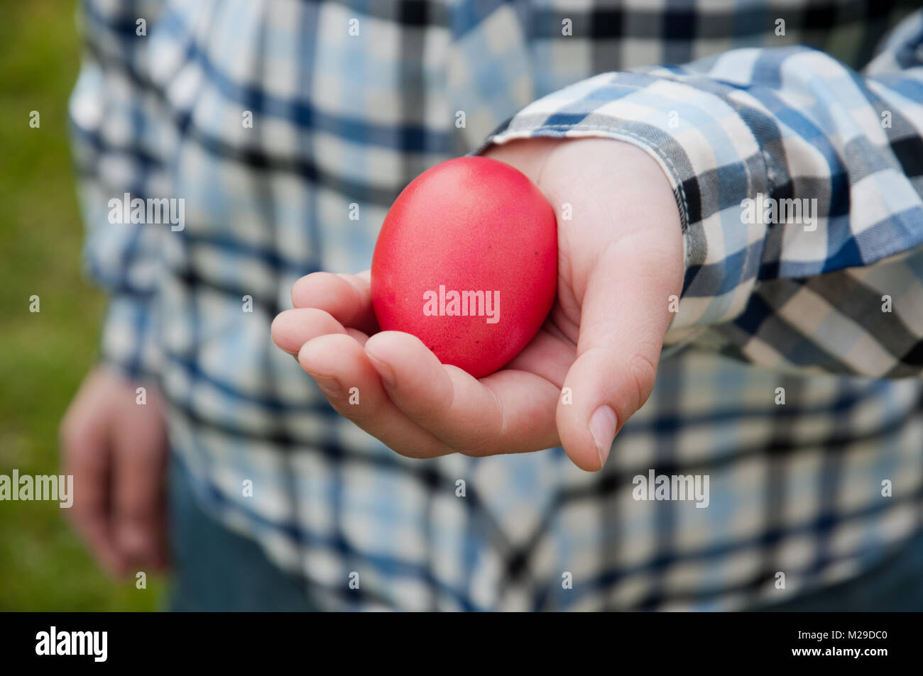 L'oeuf rouge dans la main de l'enfant - Easter hunt Banque D'Images