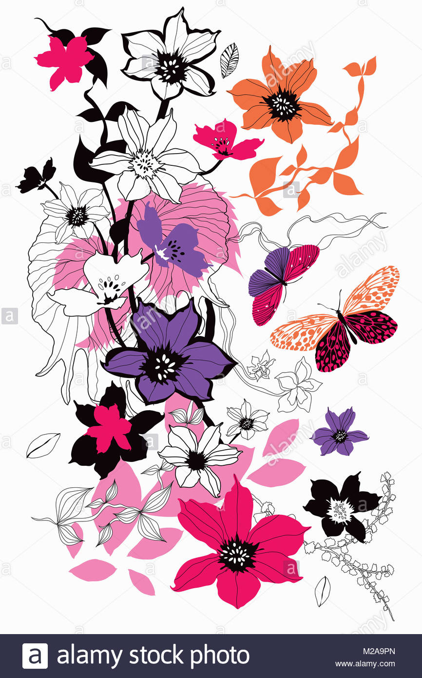 Dessin De Fleurs Feuilles Et Papillons Banque Dimages