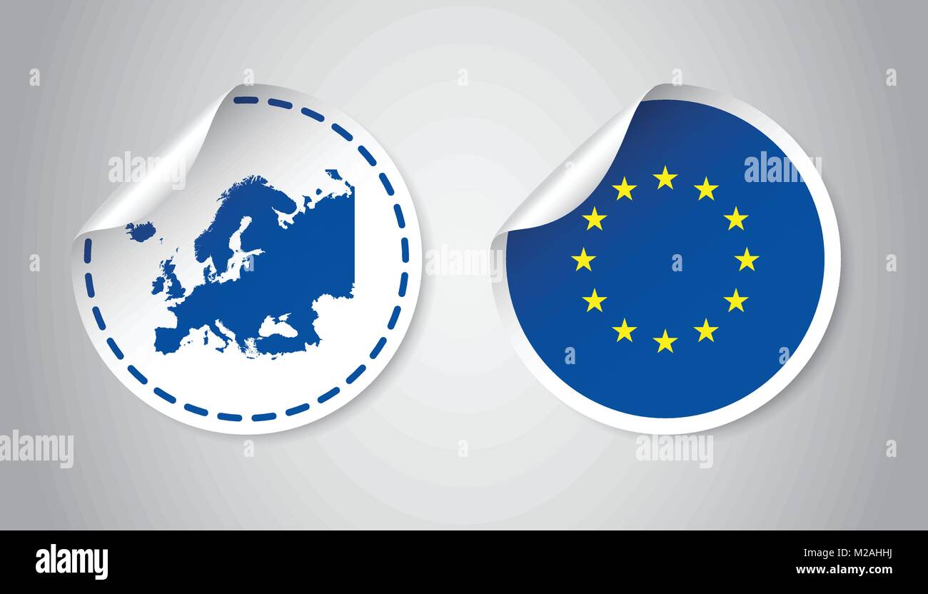 Europe autocollant avec un drapeau et carte. L'Union européenne, de l'étiquette avec étiquette ronde de pays. Vector illustration sur fond gris. Illustration de Vecteur
