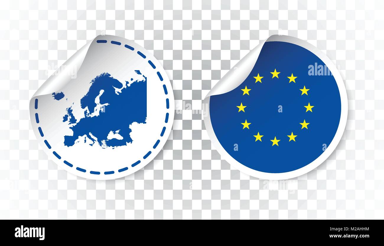 Europe autocollant avec un drapeau et carte. L'Union européenne, de l'étiquette avec étiquette ronde de pays. Vector illustration sur fond isolé. Illustration de Vecteur