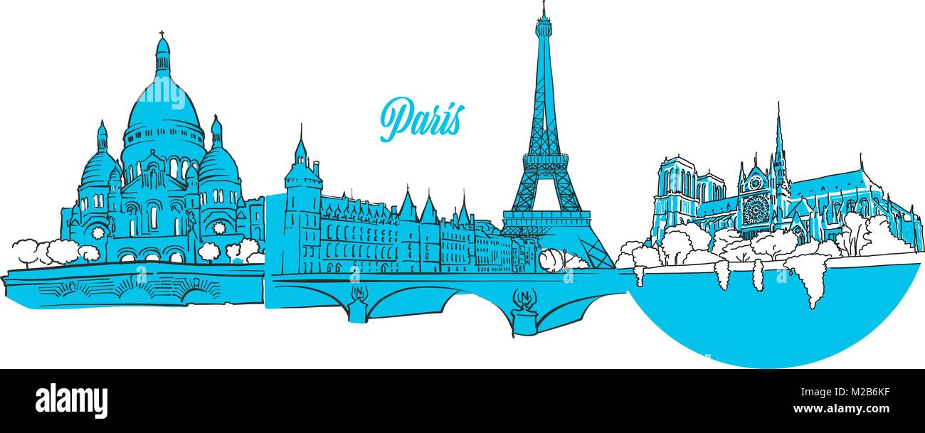 Billet Paris Landmarks Banner, contours dessinés à la main, croquis de carte de souhaits imprime et marketing Illustration de Vecteur