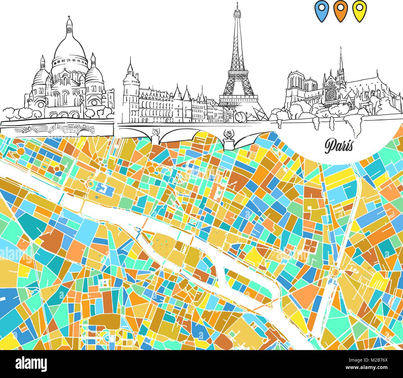 Paris Billet d'ébauches et de la carte, contours dessinés à la main, l'illustration pour la conception d'impression et de marketing de voyage Illustration de Vecteur