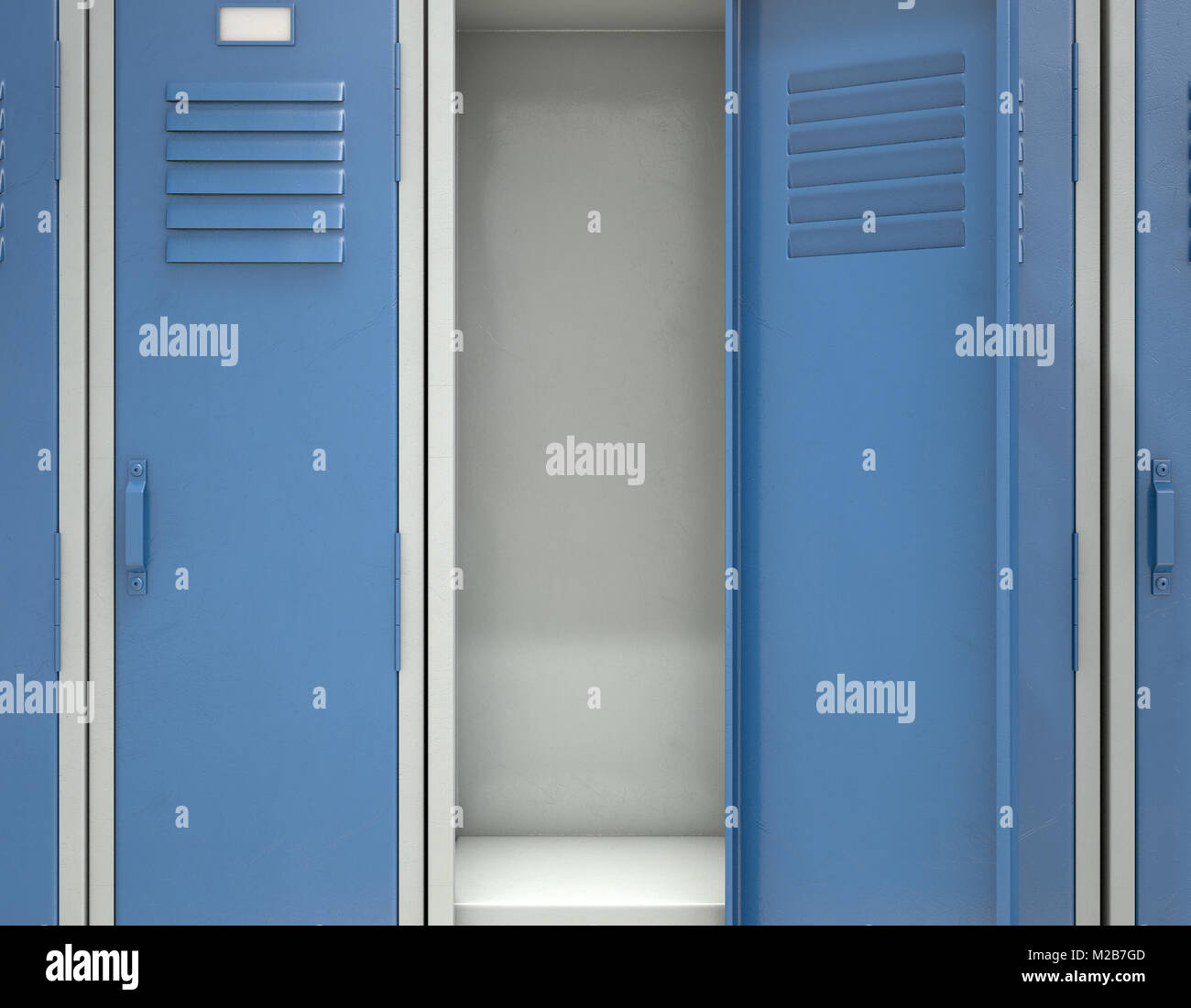 Une rangée de casiers d'école métal bleu avec une porte ouverte révélant  qu'il est vide - 3D render Photo Stock - Alamy
