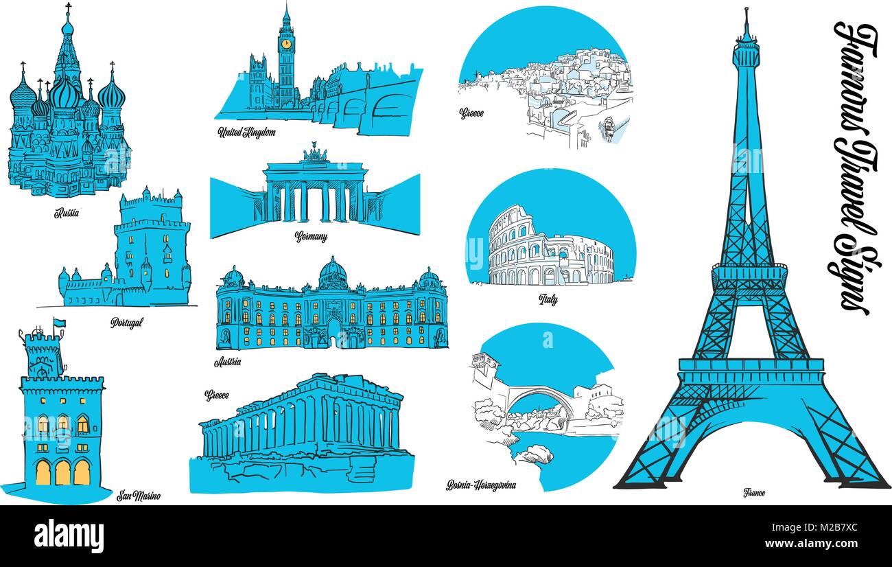 Sites de voyages européens. Contours dessinés à la main, l'illustration pour la conception d'impression et de marketing de voyage Illustration de Vecteur