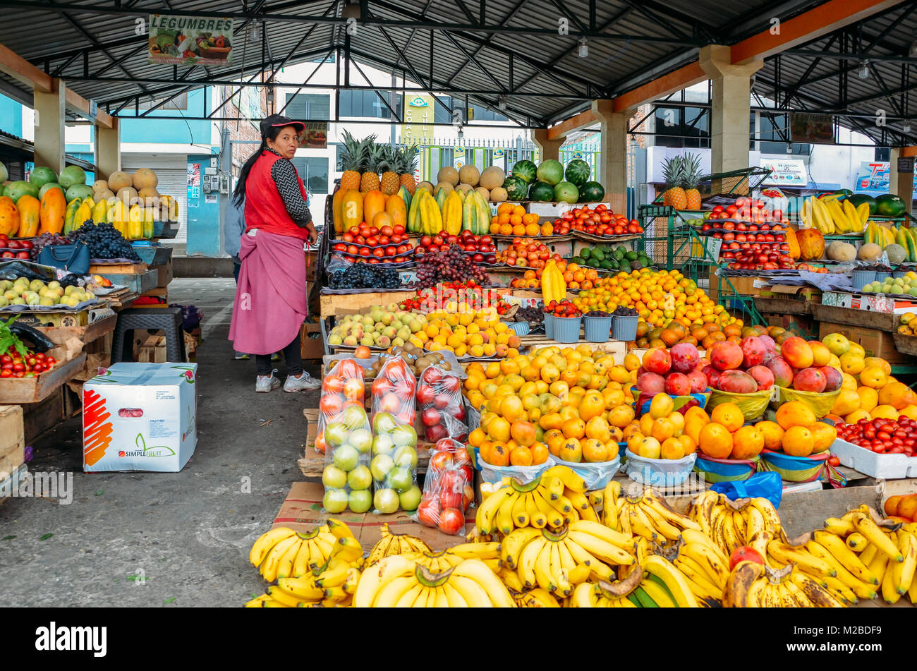 Ambato, Équateur, le 20 décembre 2017 : femme équatorienne vendeur de fruits en face d'elle affiche de fruits tropicaux dans un marché Banque D'Images
