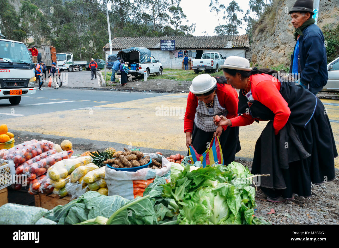 Ambato, Équateur, le 20 décembre 2017 : traditionnellement habillés femmes équatoriennes l'inspection des légumes dans un marché Banque D'Images