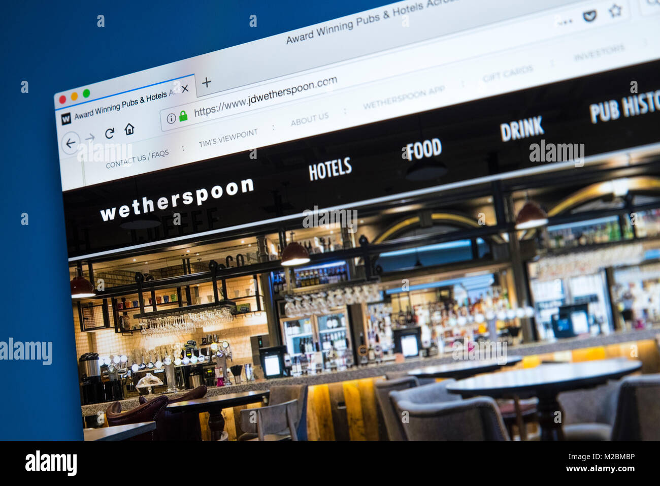 Londres, Royaume-Uni - 10 janvier 2018 : La page d'accueil du site web officiel de J D - le pub Wetherspoon compagnie au Royaume-Uni et République d'Irlande, sur la 10e Banque D'Images