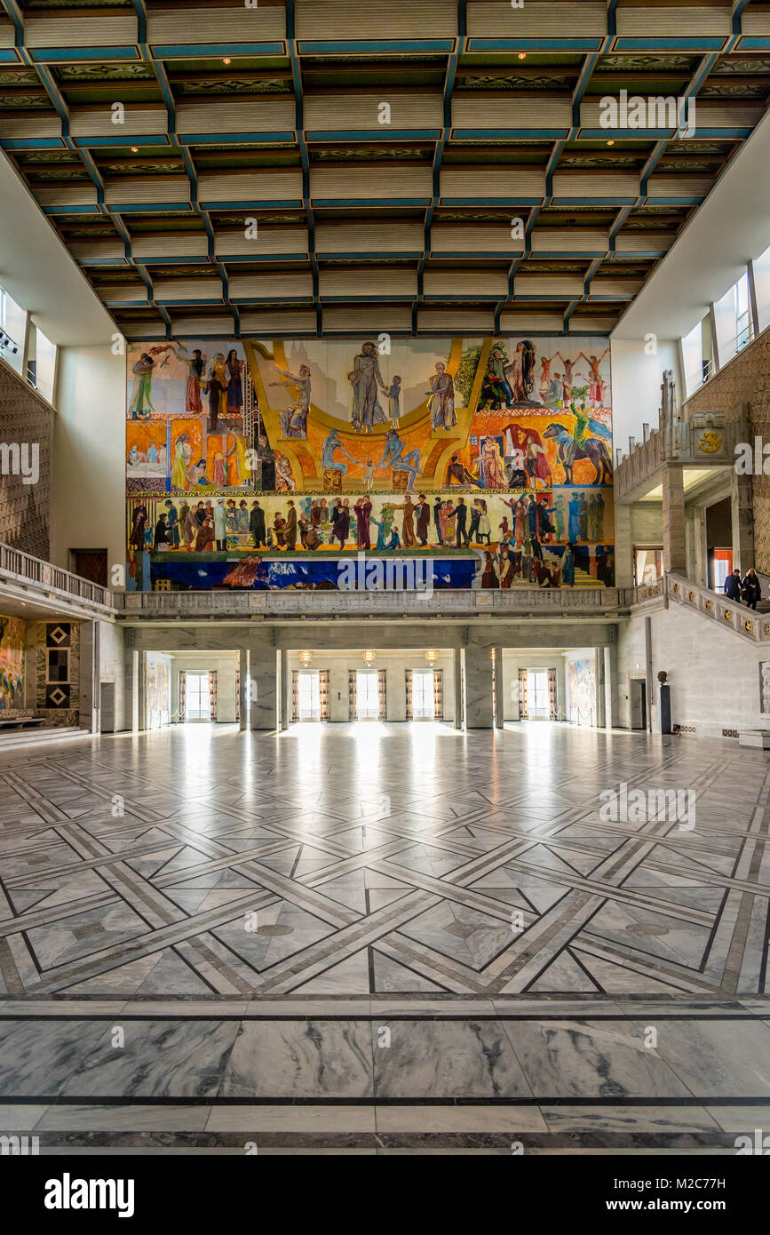 La salle principale, l'hôtel de ville d'Oslo, où le prix Nobel de la paix a lieu, Oslo Banque D'Images