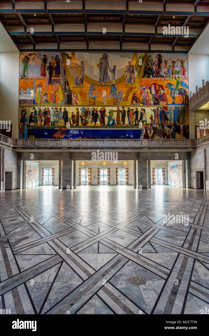 La salle principale, l'hôtel de ville d'Oslo, où le prix Nobel de la paix a lieu, Oslo Banque D'Images