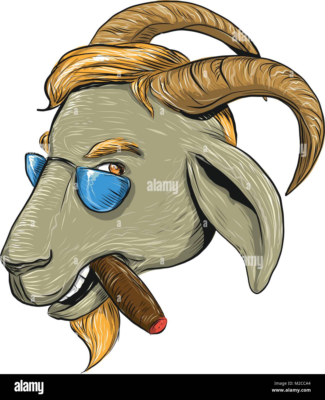 Style croquis dessin illustration d'une chèvre hipster fumer un cigare et portant des lunettes de soleil vu de côté sur fond isolé. Illustration de Vecteur