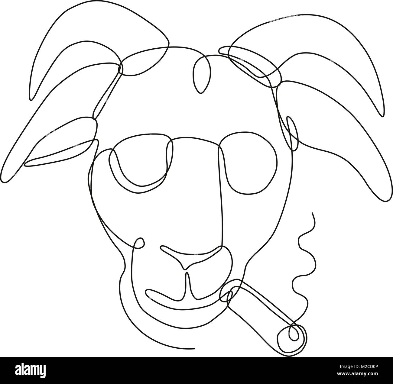 Ligne continue dimensions illustration d'un projet de loi portant des lunettes de chèvre et fumer un cigare vu de l'avant fait en croquis ou doodle style. Illustration de Vecteur