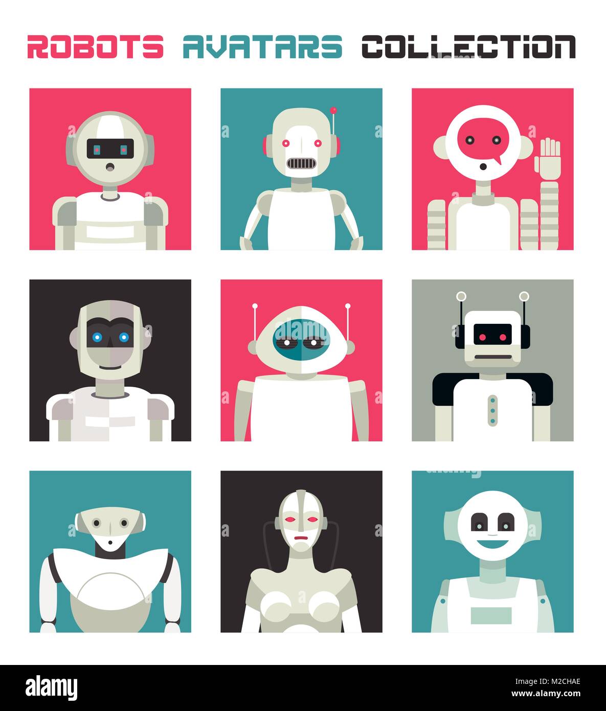 Recueil varié de visages et têtes de robots pour les caractères utilisés comme des avatars. Imagination et friendly collection colorée de andorids heureux de donner une Illustration de Vecteur