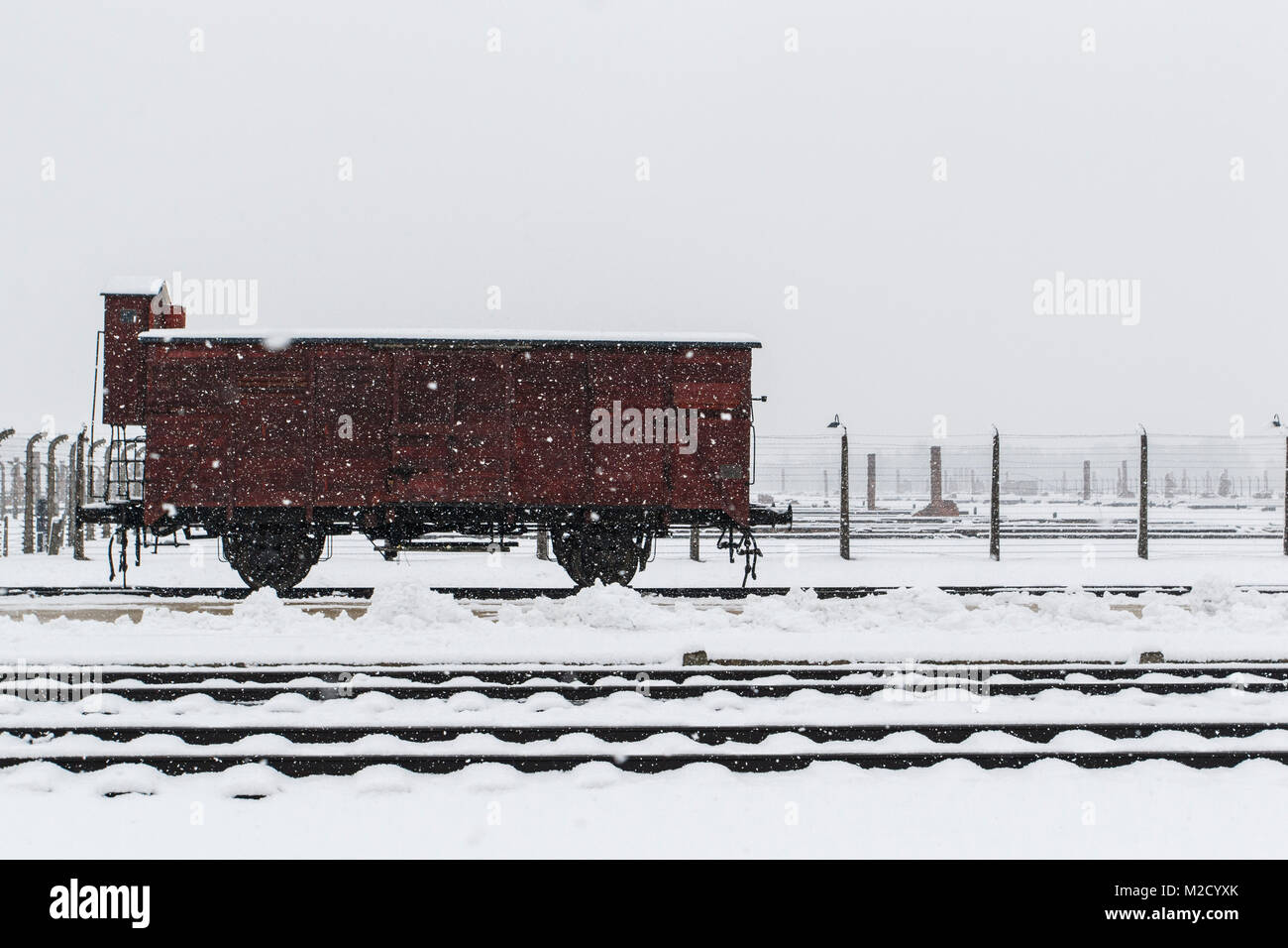 Auschwitz, Malopolskie / Pologne - 04 févr. 2018 : Auschwitz Birkenau, camp de concentration et d'extermination nazis, transport à la plate-forme Judenrampe. Banque D'Images