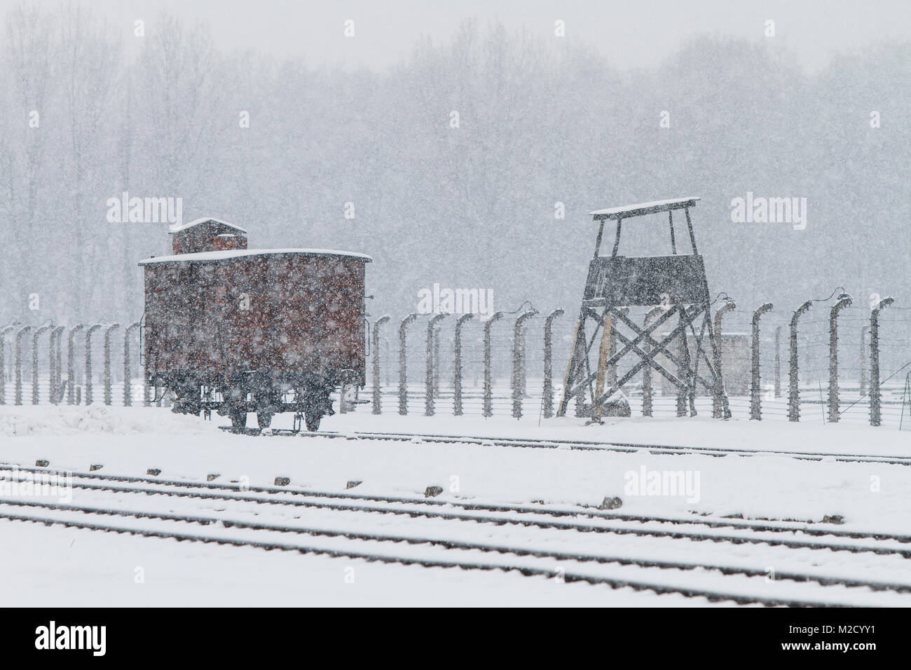 Auschwitz, Malopolskie / Pologne - 04 févr. 2018 : Auschwitz Birkenau, camp de concentration et d'extermination nazis, transport à la plate-forme Judenrampe. Banque D'Images