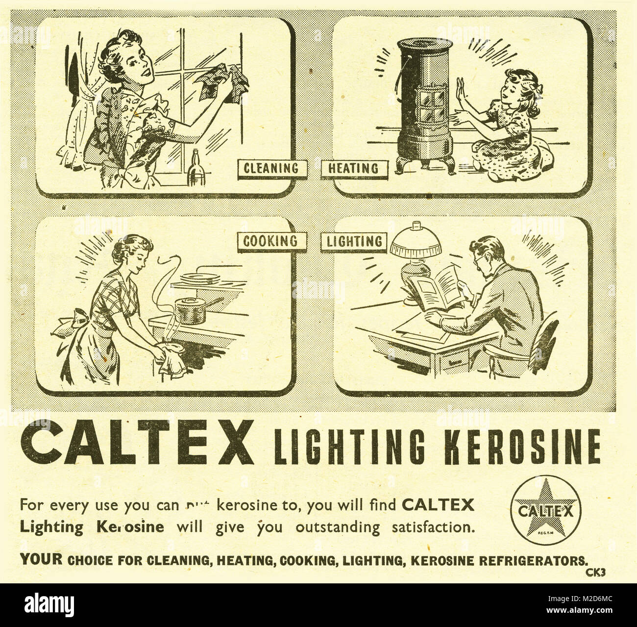 Publicité pour demi-teinte kérosène Caltex. Du New Zealand Women's Weekly, 24 Décembre 1953 Banque D'Images