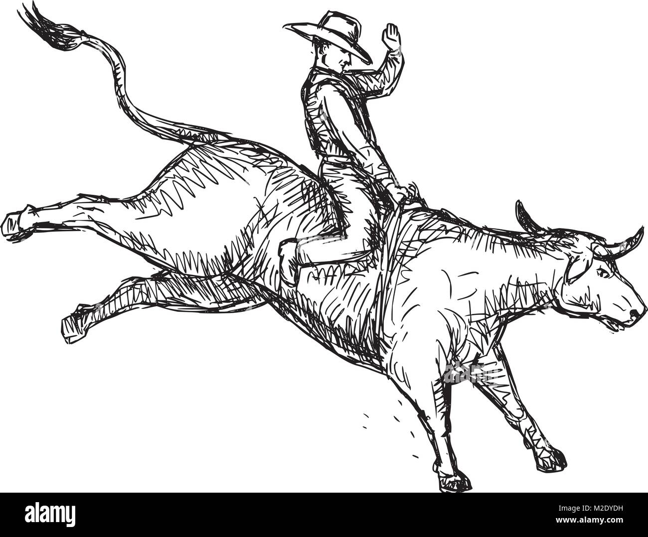 Style croquis dessin illustration d'un rodeo cowboy riding un bucking ...