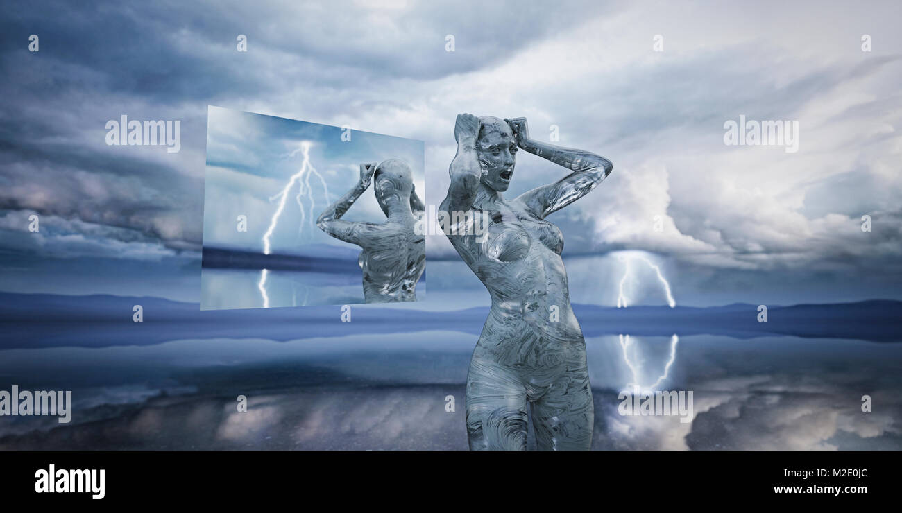 Reflet de l'hologramme frustré femme futuriste Banque D'Images
