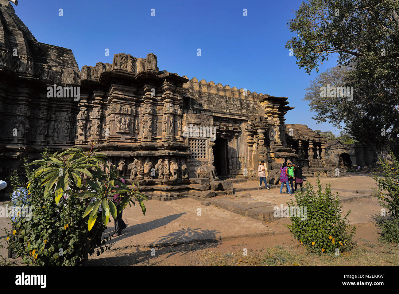De superbes détails sculptés avec des statues de la charge de l'éléphant de temple de la superstructure. Vishnu idol intérieur avec Shivalinga face au nord. Banque D'Images