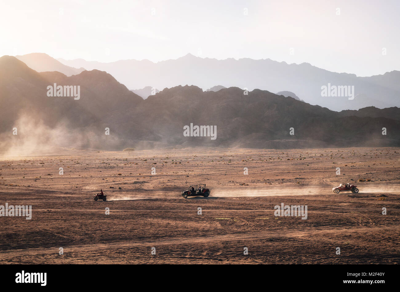 Buggy et QUAD QUADS courses dans désert du Sinaï au coucher du soleil. Paysage égyptien avec les véhicules hors-route et la poussière route de terre. Charm el-Cheikh, en Egypte. Banque D'Images
