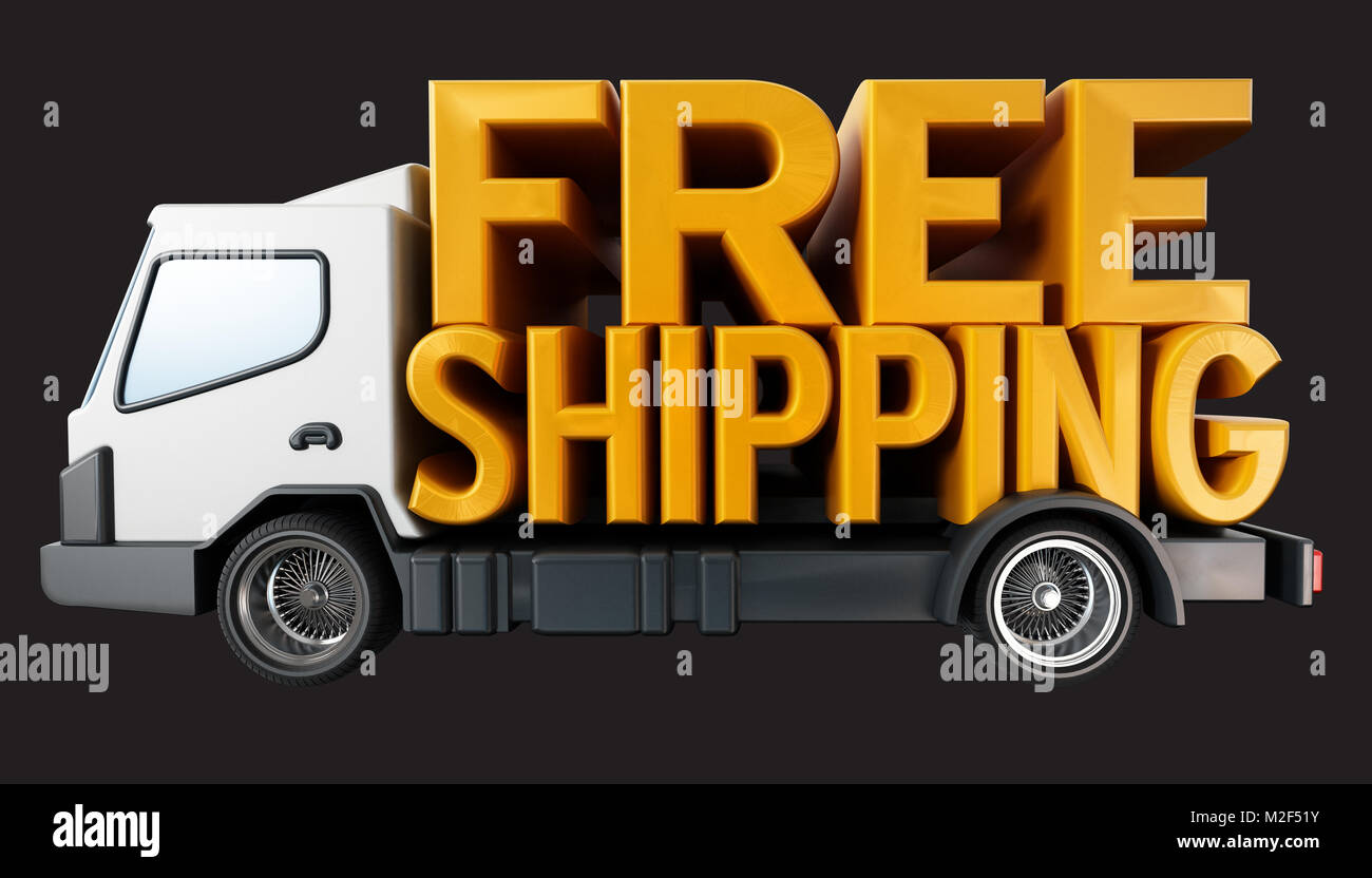Livraison gratuite sur commandes de texte camion de livraison. 3D illustration. Banque D'Images