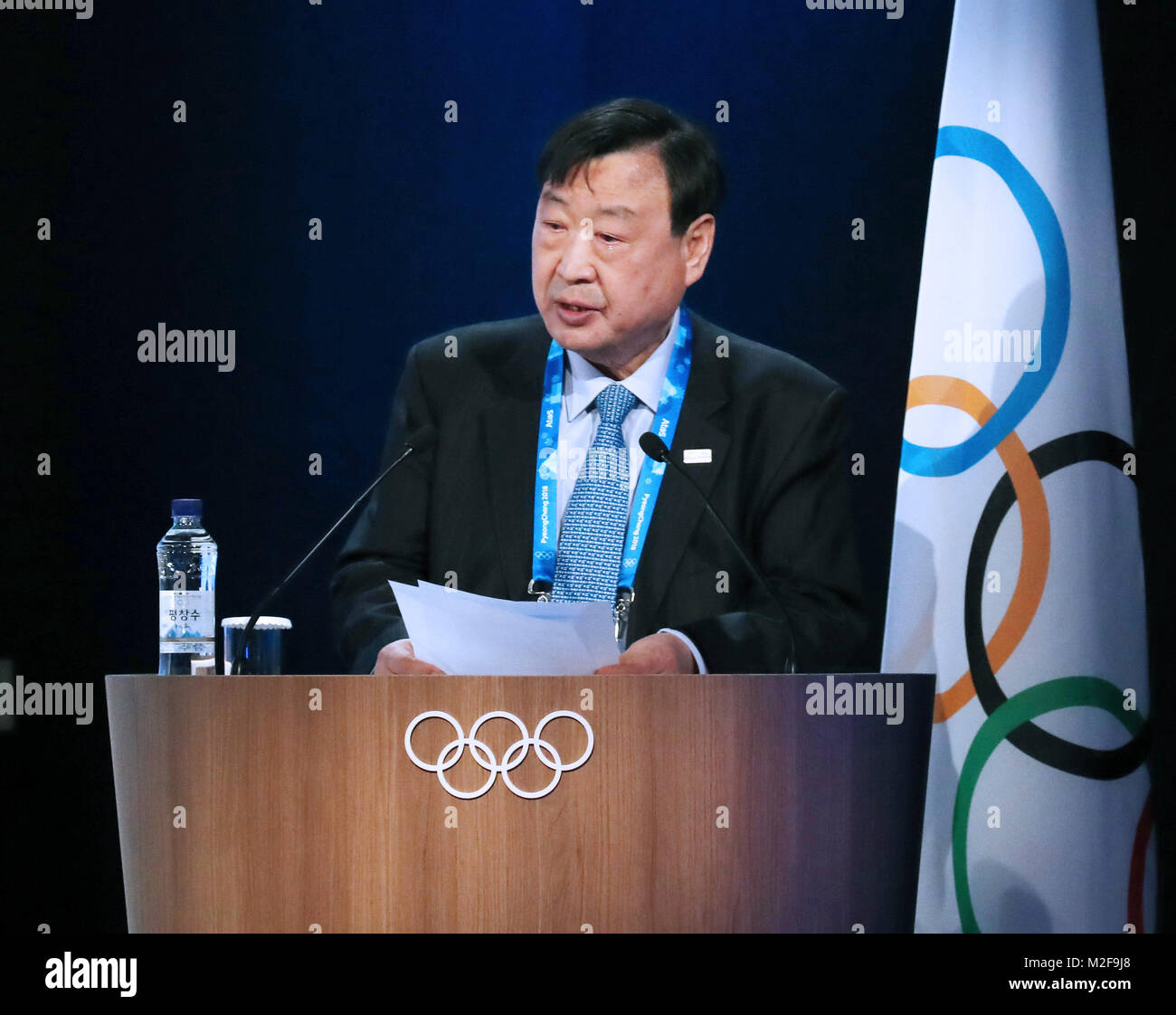 Pyeongchang, Corée du Sud. 7 Février, 2018. Lee Hee-beom, président de la comité d'organisation de PyeongChang, parle à la 132e du Comité International Olympique (CIO) avant le Jeux Olympiques d'hiver de 2018 à PyeongChang, Corée du Sud, 7 février 2018. Crédit : Li Gang/Xinhua/Alamy Live News Banque D'Images