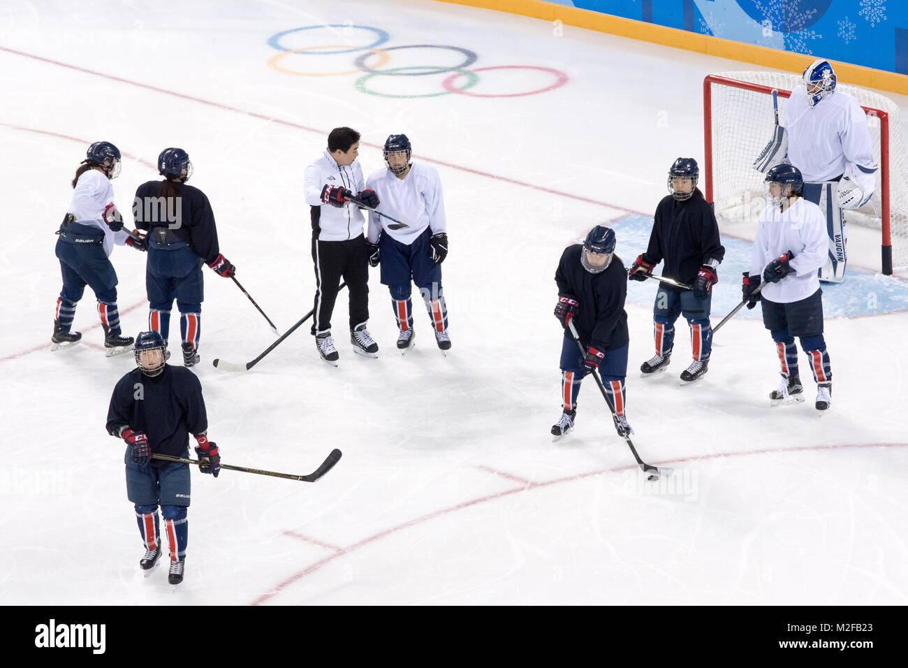 Gangneung, Corée du Sud. 07Th Feb 2018. Trainer Chulho Park (4e de gauche) la formation United Korean équipe féminine de hockey sur glace dans le centre de Hockey Kwandong à Gangneung, Corée du Sud, 07 février 2018. Une équipe olympique du Sud et du Nord à partir de joueurs de hockey sur glace va prendre part à la compétition à Pyeongchang. Les Jeux Olympiques d'hiver de 2018 à Pyeongchang ont lieu entre 09 et 25 février. Crédit : Peter Kneffel/dpa/Alamy Live News Banque D'Images