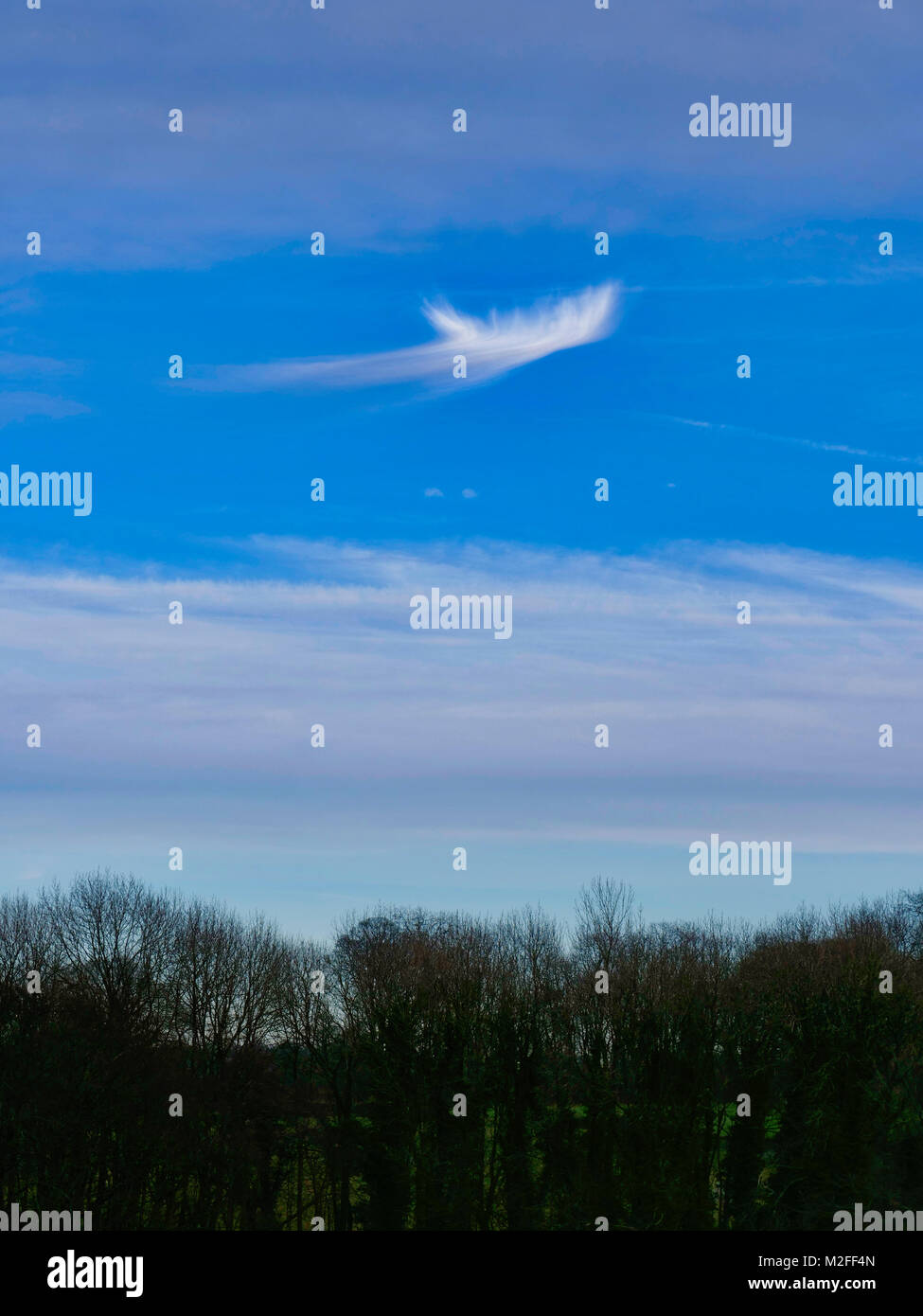 Village de Tissington, Derbyshire. 7 Février, 2018. UK : Météo bizarre étrange inhabituelle à whispery la formation de nuages dans le ciel bleu au Village de Tissington le parc national de Peak District, Derbyshire, Angleterre, RU De : Doug Blane/Alamy Live News Banque D'Images