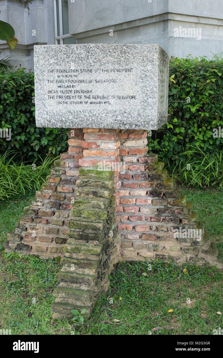 Singapour, pierre de fondation monument aux fondateurs de Singapour Banque D'Images
