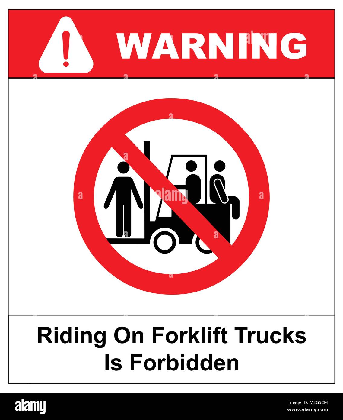 Équitation sur les chariots élévateurs est interdit symbole. Signes de santé et de sécurité au travail. Ne pas monter sur un chariot élévateur à fourche. Vector illustration isolé sur blanc. W Illustration de Vecteur
