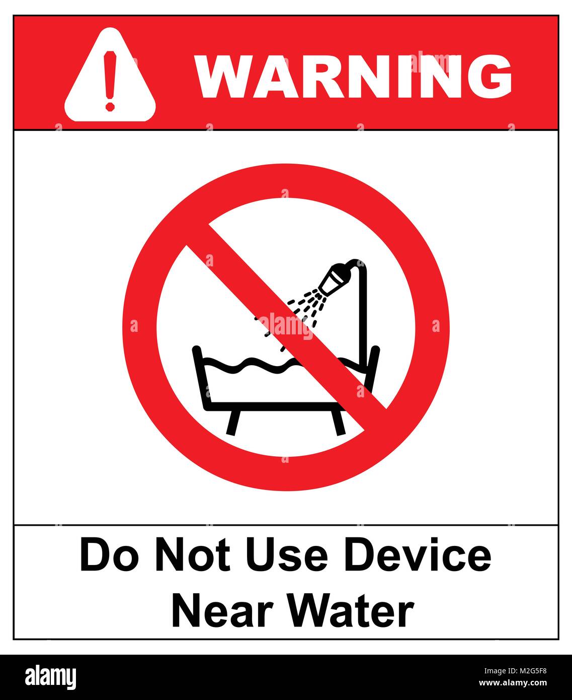 N'utilisez pas cet appareil dans une baignoire, douche, ou réservoir rempli  d'eau, signe. Conserver à l'écart de l'eau. Symbole rouge d'avertissement.  Interdiction d'ouverture. Vector illu Image Vectorielle Stock - Alamy