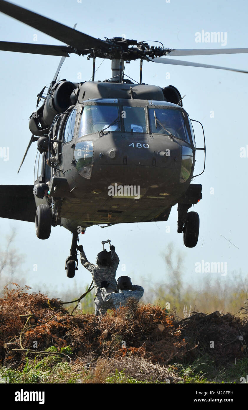 La Nouvelle Orléans - chefs d'équipage hookup élingues d'arbres de Noël à l'UH-60 Black Hawk du 1er Bataillon, 244th Régiment d'aviation de la Garde nationale de la Louisiane pour tomber dans l'Bayou Sauvage National Wildlife Refuge pour aider à reconstruire les zones humides sur le 30 mars. Les arbres de Noël aide pour reconstruire les zones humides qui ont été emportés par les vagues au fil du temps et la collecte de limon la nouvelle végétation à prendre racine. (U.S. Air Force MSgt Toby M La Garde nationale de la Louisiane Valadie Bureau des affaires publiques de l'état de parution/Black Hawks) drop des arbres de Noël en Bayou Sauvage 100330-F-2117V-571 par Louisian Banque D'Images