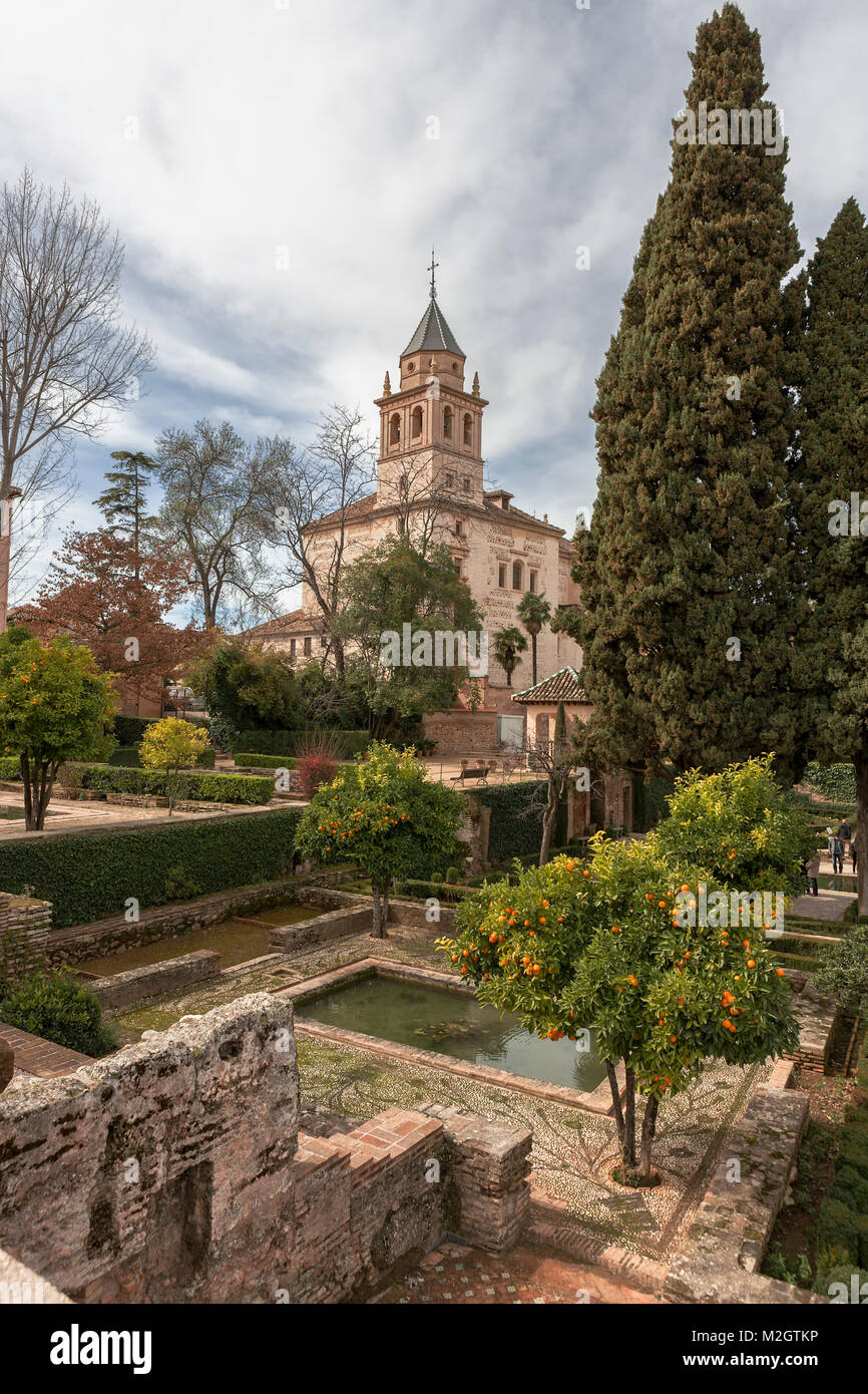La terrasse supérieure de Los Jardines del Partal (jardins partal), l'Alhambra, Grenade, Andalousie, Espagne Banque D'Images