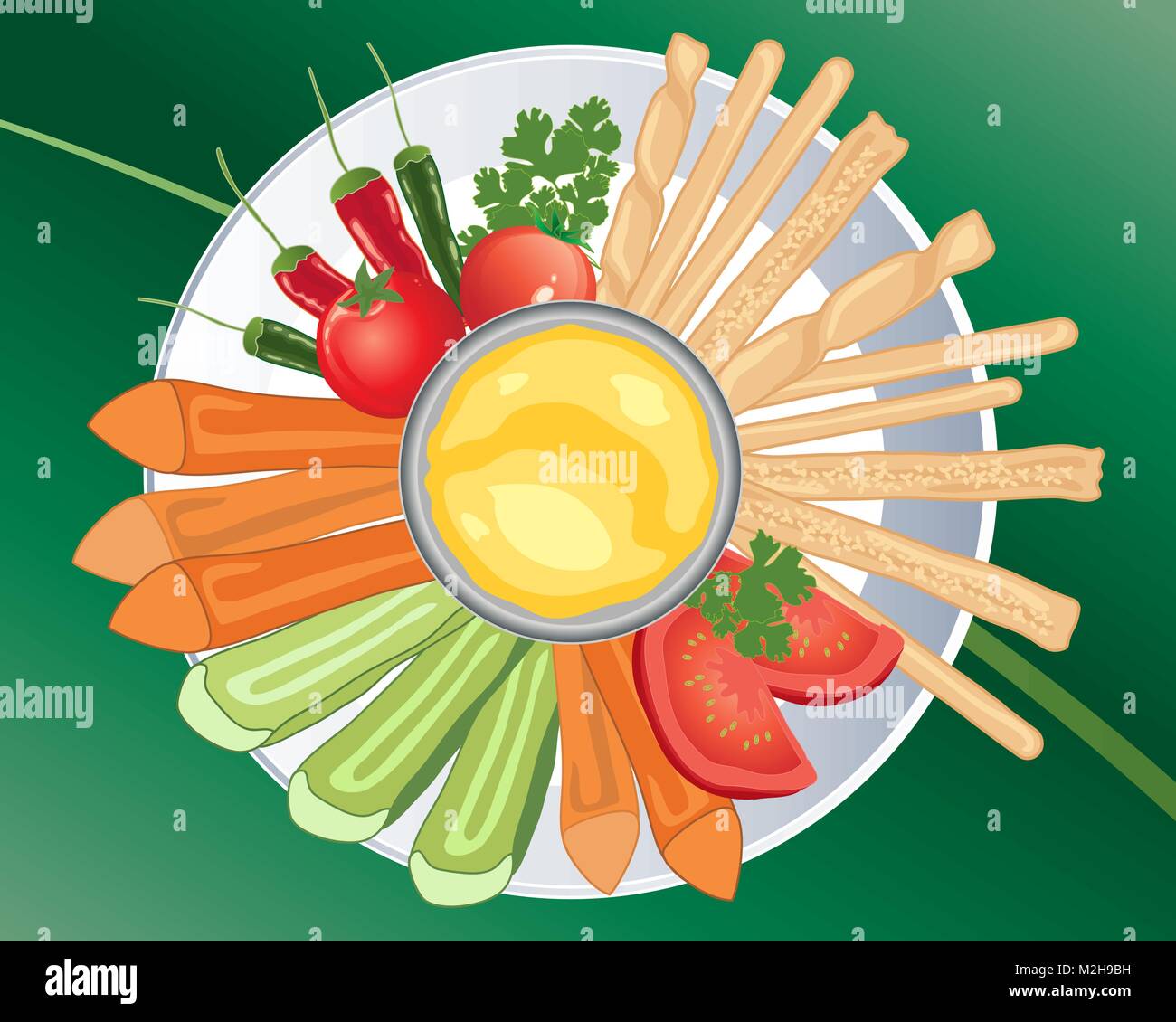 Un vecteur illustration en eps 10 format d'une vue aérienne d'une plaque avec des bâtonnets de légumes tomates piments et bâtonnets de pain Illustration de Vecteur