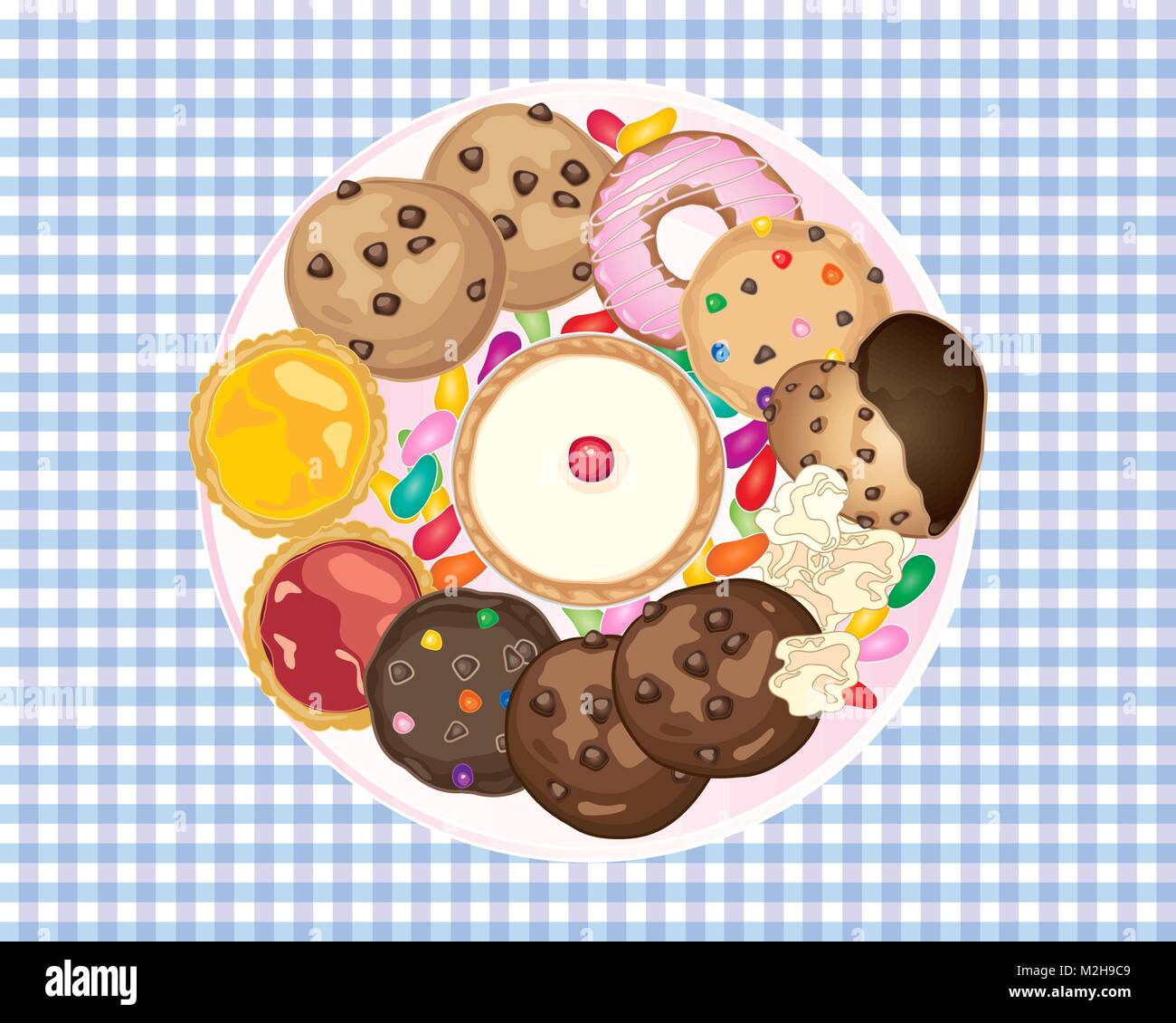 Un vecteur illustration en eps 10 format d'une vue aérienne d'une plaque avec une sélection de tartes et gâteaux cookies sur une nappe en vichy bleu Illustration de Vecteur